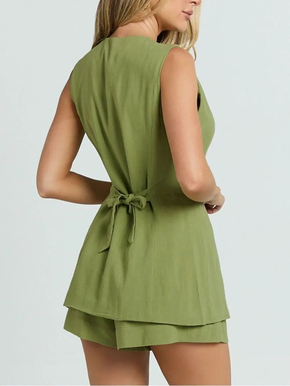NWT Showpow. Olivia Longline Linen V Neck Back Tie Vest & Shorts Set Sage Size 2 - Picture 2 of 10
